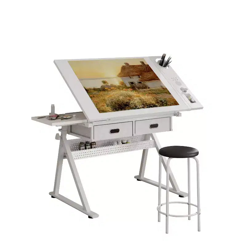 Tavolo da disegno regolabile con 2 cassetti per casa, ufficio e scuola con sgabello (tutto bianco)