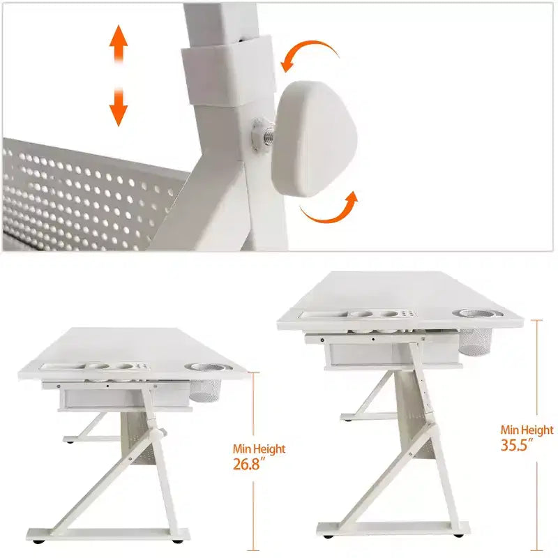 Tavolo da disegno regolabile con 2 cassetti per casa, ufficio e scuola con sgabello (tutto bianco)