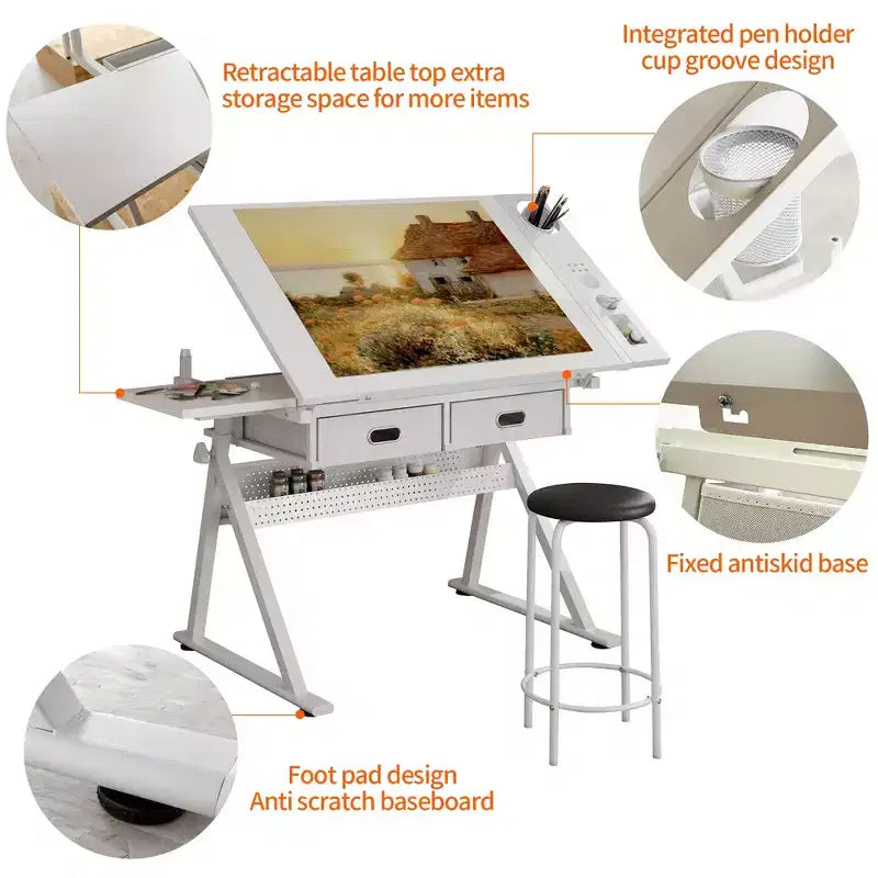 Tavolo da disegno regolabile con 2 cassetti per casa, ufficio e scuola con sgabello (tutto bianco)