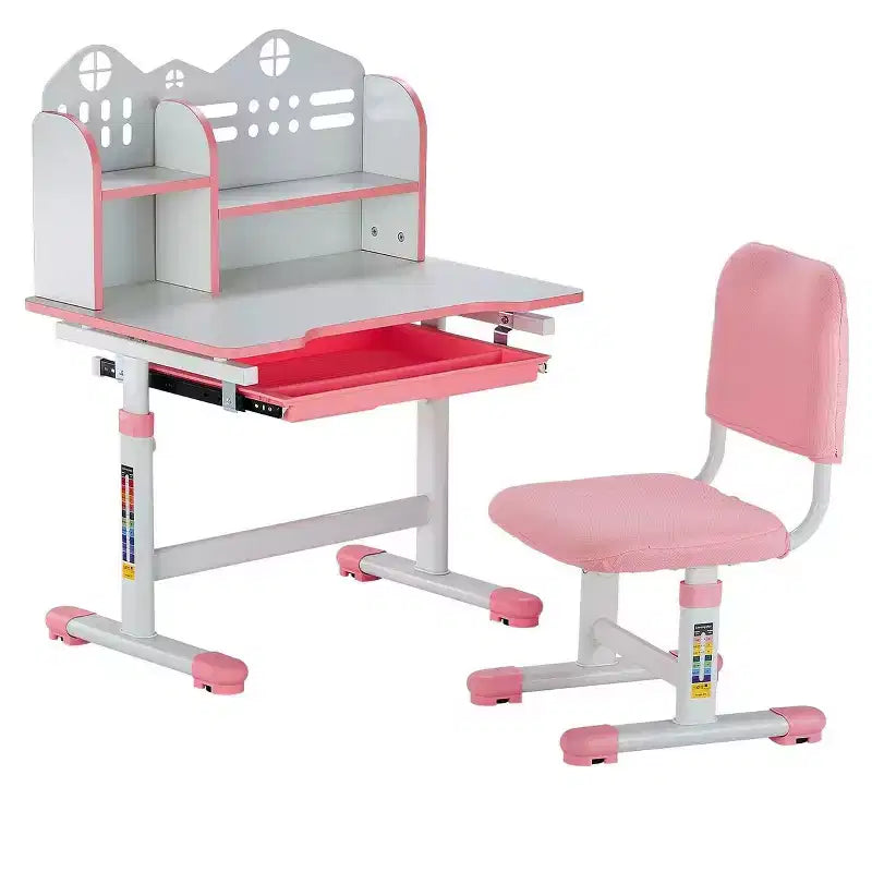 Kids Study Chair and Desk with Bookshelf Drawer Adjustable Height Pink Heavy Duty