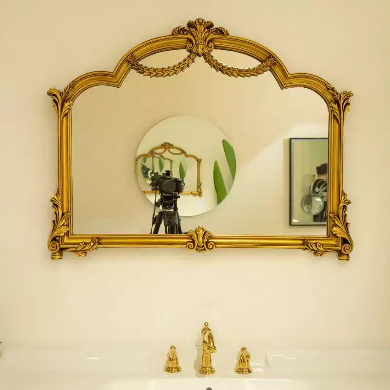 35 Baroque Revival Wall Mirror with Ornate PU Frame, Backlit Light Strip, Decorative Mirror for Bathroom, Bedroom, or Living Room-Panipeachy