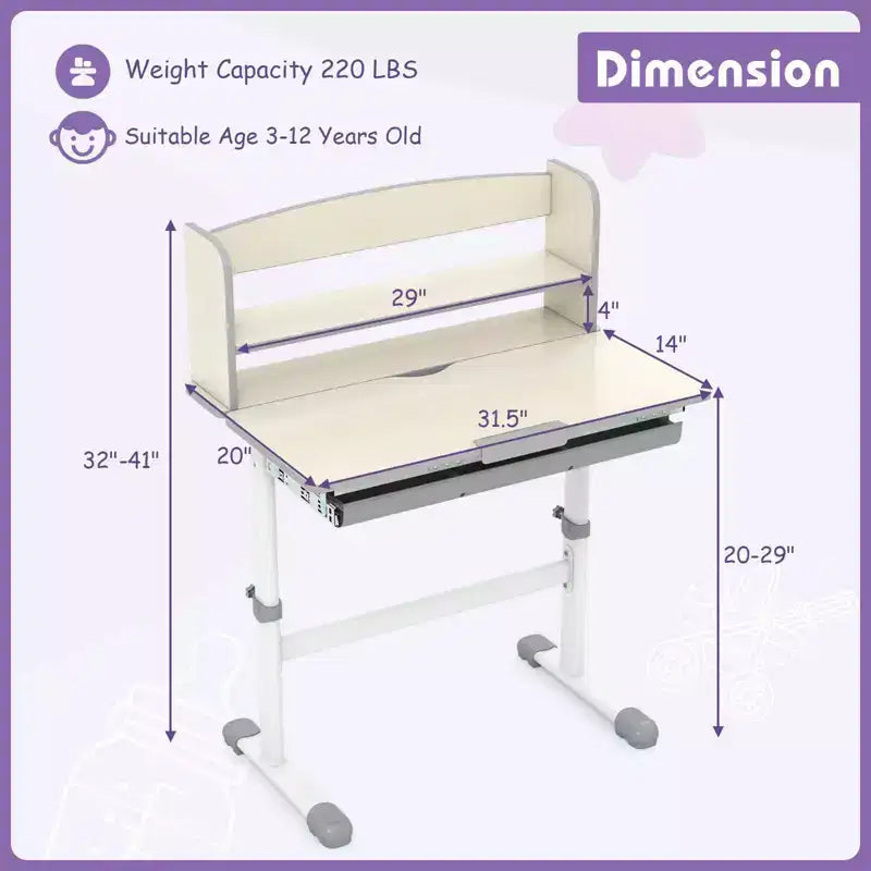 Scrivania per bambini con piano inclinabile a 7 livelli, altezza regolabile, cassetto estraibile, blu/grigio/rosa