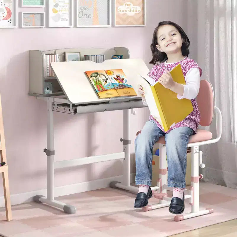 Scrivania per bambini con piano inclinabile a 7 livelli, altezza regolabile, cassetto estraibile, blu/grigio/rosa