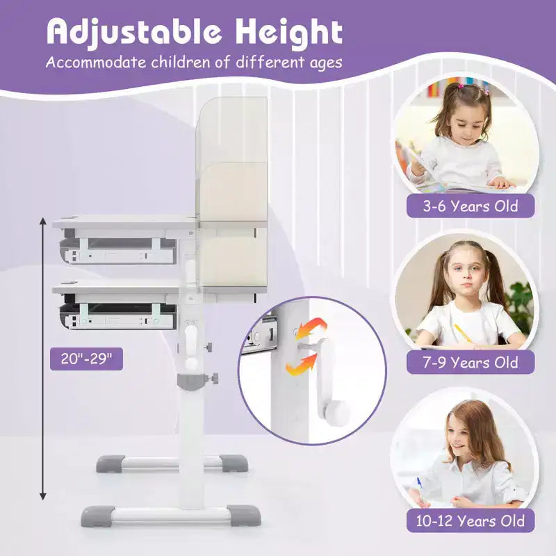 Scrivania per bambini con piano inclinabile a 7 livelli, altezza regolabile, cassetto estraibile, blu/grigio/rosa