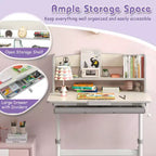 Scrivania per bambini con piano inclinabile a 7 livelli, altezza regolabile, cassetto estraibile, blu/grigio/rosa