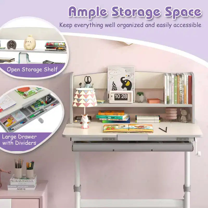 Scrivania per bambini con piano inclinabile a 7 livelli, altezza regolabile, cassetto estraibile, blu/grigio/rosa