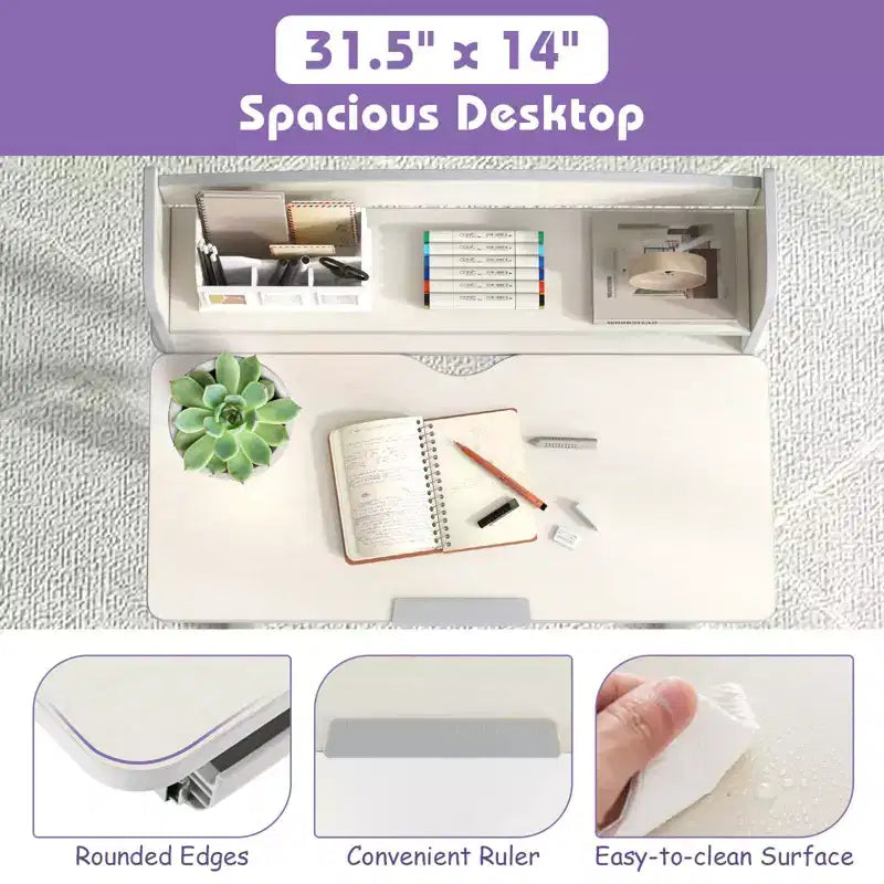 Scrivania per bambini con piano inclinabile a 7 livelli, altezza regolabile, cassetto estraibile, blu/grigio/rosa