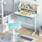Scrivania per bambini con piano inclinabile a 7 livelli, altezza regolabile, cassetto estraibile, blu/grigio/rosa