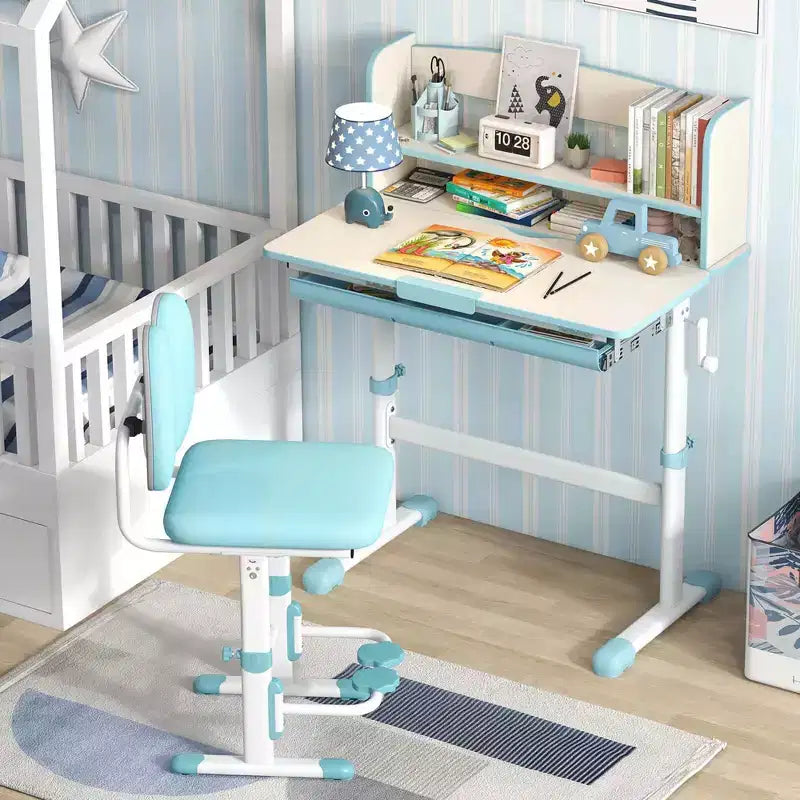 Scrivania per bambini con piano inclinabile a 7 livelli, altezza regolabile, cassetto estraibile, blu/grigio/rosa