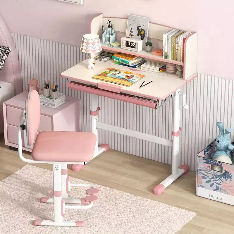Scrivania per bambini con piano inclinabile a 7 livelli, altezza regolabile, cassetto estraibile, blu/grigio/rosa