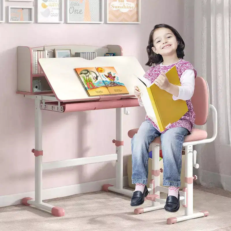 Scrivania per bambini con piano inclinabile a 7 livelli, altezza regolabile, cassetto estraibile, blu/grigio/rosa