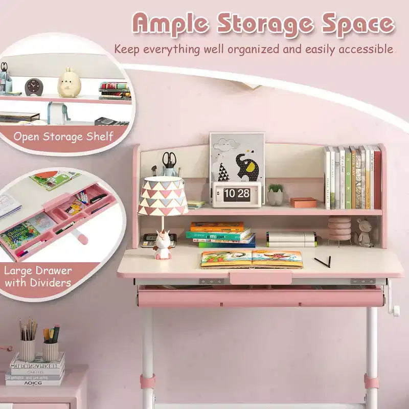 Scrivania per bambini con piano inclinabile a 7 livelli, altezza regolabile, cassetto estraibile, blu/grigio/rosa