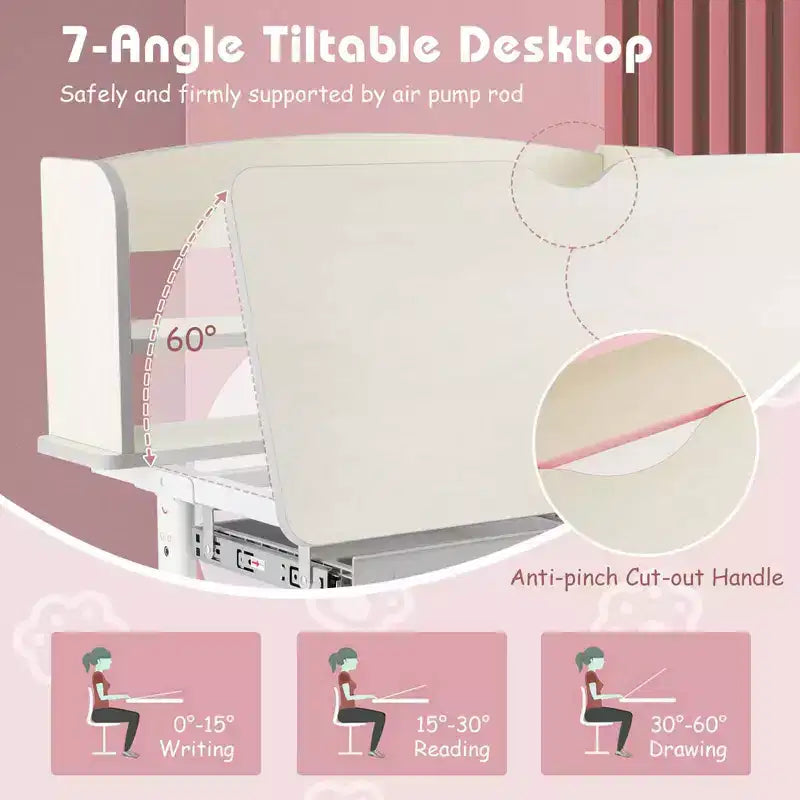 Scrivania per bambini con piano inclinabile a 7 livelli, altezza regolabile, cassetto estraibile, blu/grigio/rosa