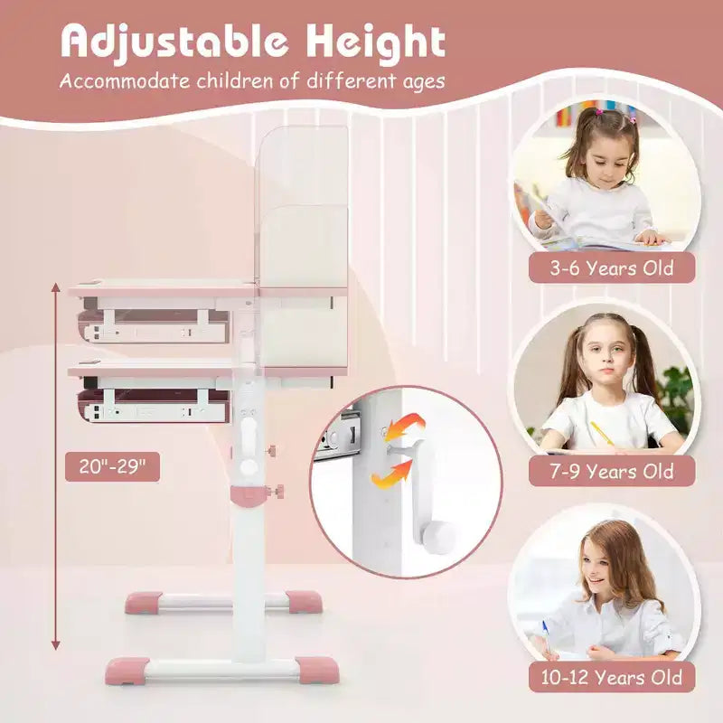 Scrivania per bambini con piano inclinabile a 7 livelli, altezza regolabile, cassetto estraibile, blu/grigio/rosa