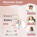 Scrivania per bambini con piano inclinabile a 7 livelli, altezza regolabile, cassetto estraibile, blu/grigio/rosa