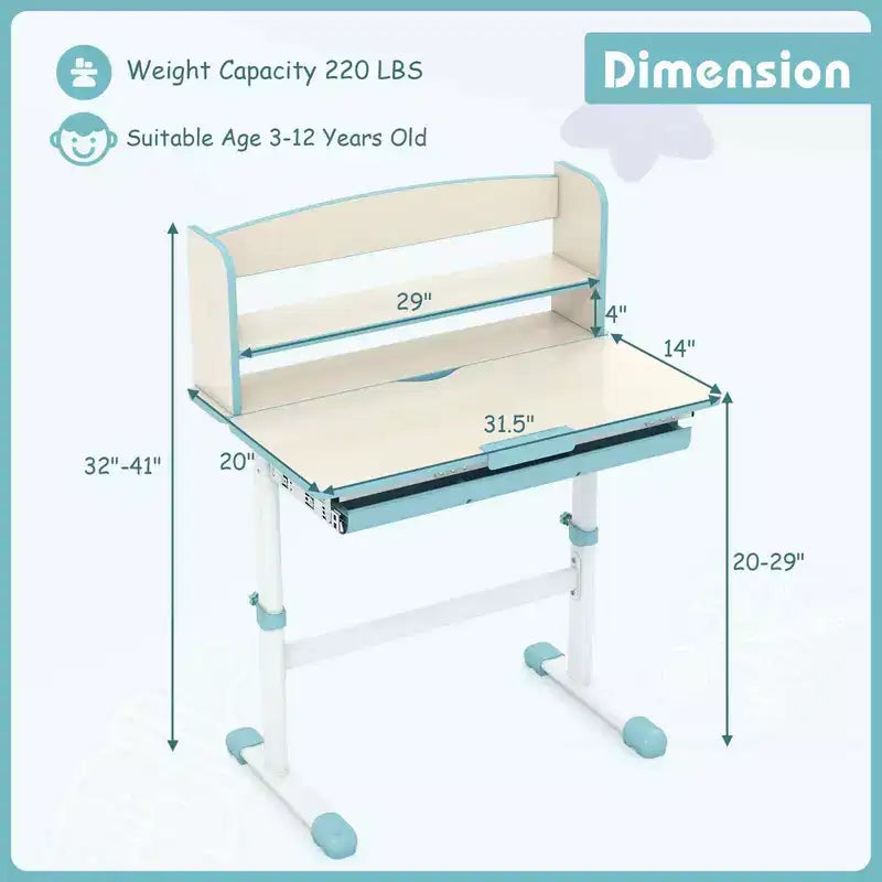 Scrivania per bambini con piano inclinabile a 7 livelli, altezza regolabile, cassetto estraibile, blu/grigio/rosa