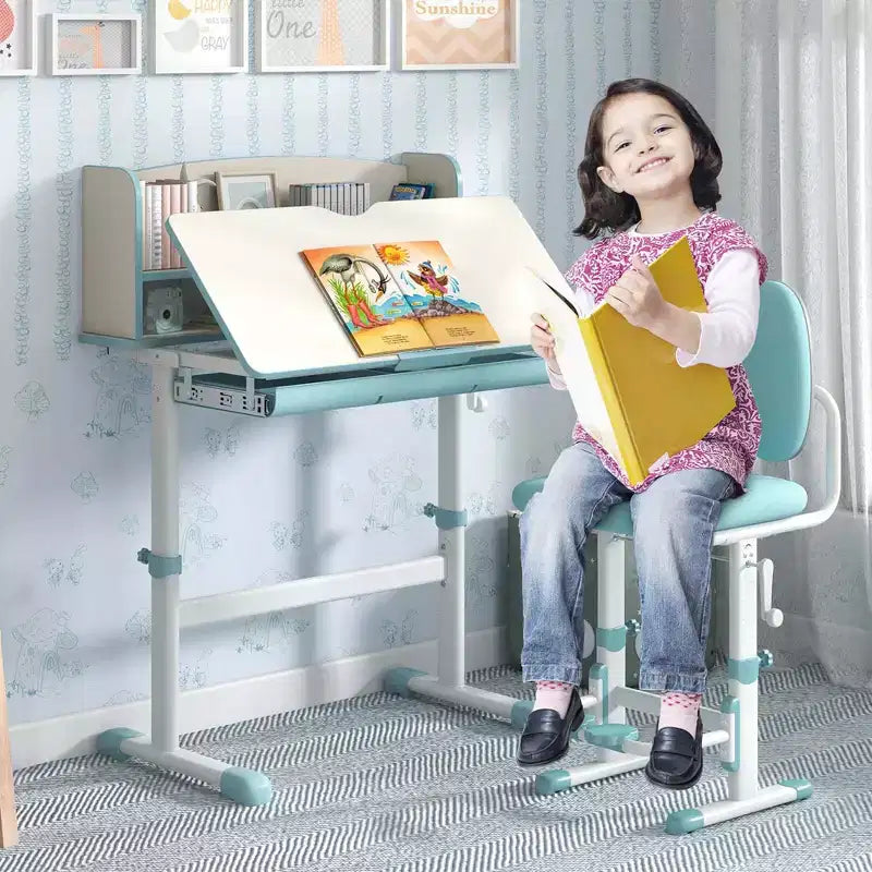 Scrivania per bambini con piano inclinabile a 7 livelli, altezza regolabile, cassetto estraibile, blu/grigio/rosa