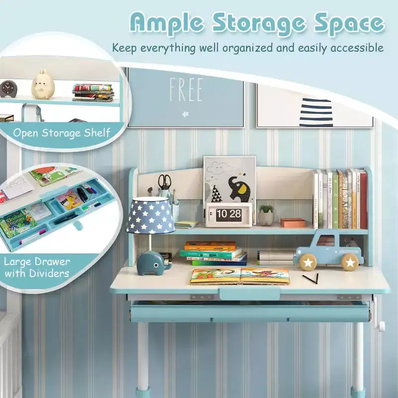 Scrivania per bambini con piano inclinabile a 7 livelli, altezza regolabile, cassetto estraibile, blu/grigio/rosa
