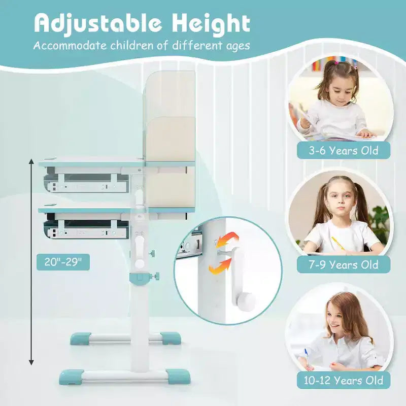 Scrivania per bambini con piano inclinabile a 7 livelli, altezza regolabile, cassetto estraibile, blu/grigio/rosa