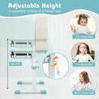 Scrivania per bambini con piano inclinabile a 7 livelli, altezza regolabile, cassetto estraibile, blu/grigio/rosa