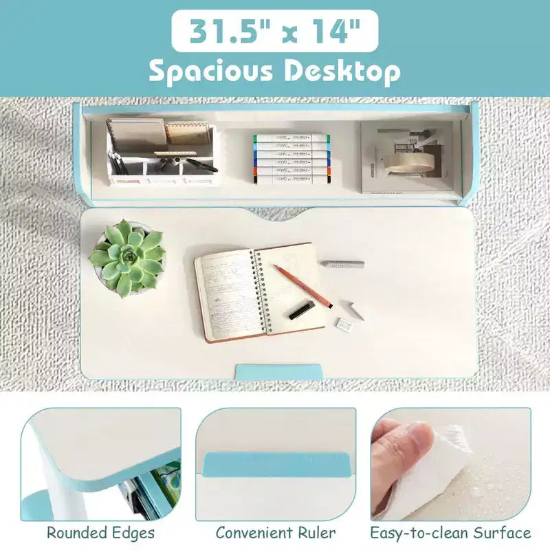 Scrivania per bambini con piano inclinabile a 7 livelli, altezza regolabile, cassetto estraibile, blu/grigio/rosa