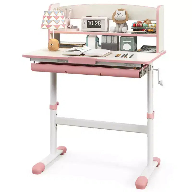 Scrivania per bambini con piano inclinabile a 7 livelli, altezza regolabile, cassetto estraibile, blu/grigio/rosa