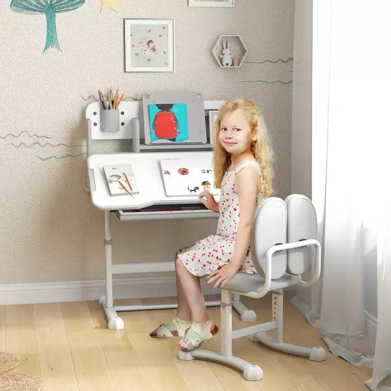 Set scrivania e sedia per bambini, scrivania e sedia per bambini regolabili in altezza con piano inclinabile, cassetto portaoggetti e leggio