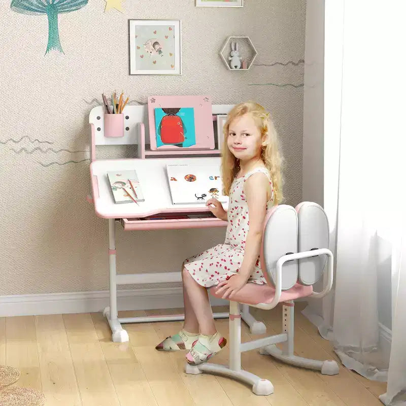 Set scrivania e sedia per bambini, scrivania e sedia per bambini regolabili in altezza con piano inclinabile, cassetto portaoggetti e leggio