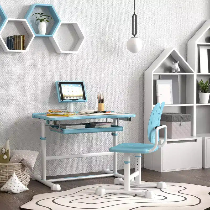 Scrivania e Sedia per Bambini, Set Scrivania e Sedia Regolabili in Altezza con Piano Inclinabile e Contenitore per Scrivere, Leggere e Disegnare