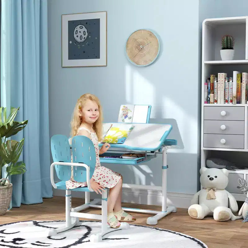 Scrivania e Sedia per Bambini, Set Scrivania e Sedia Regolabili in Altezza con Piano Inclinabile e Contenitore per Scrivere, Leggere e Disegnare