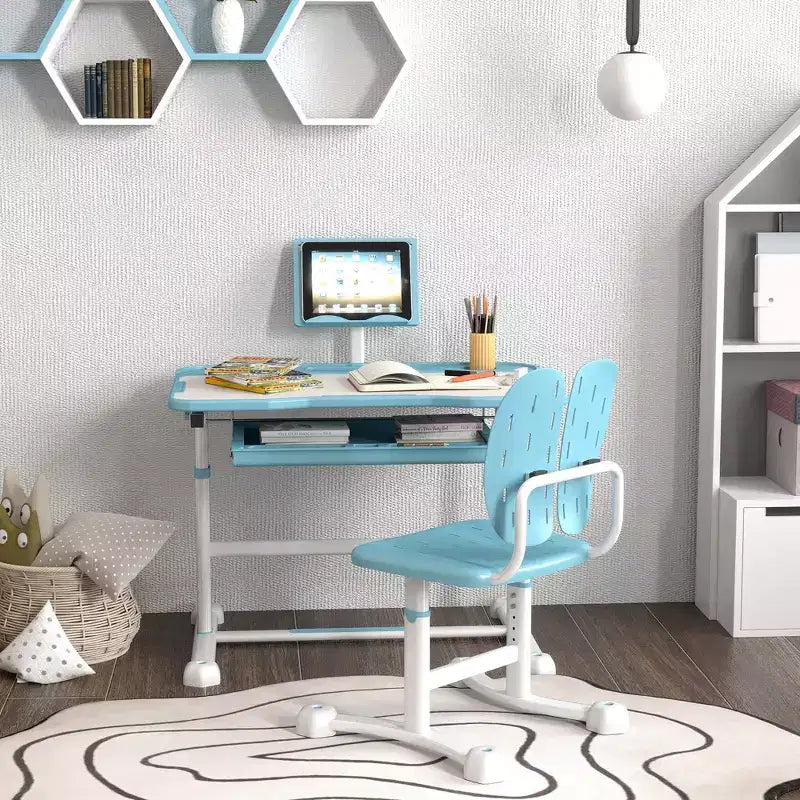 Scrivania e Sedia per Bambini, Set Scrivania e Sedia Regolabili in Altezza con Piano Inclinabile e Contenitore per Scrivere, Leggere e Disegnare