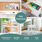 Scrivania per bambini Madison con cassettiera e sedia - Bianco: Tavolo da scrittura in legno per bambini con contenitore, Tavolo da studio in legno per bambini con cassettiera
