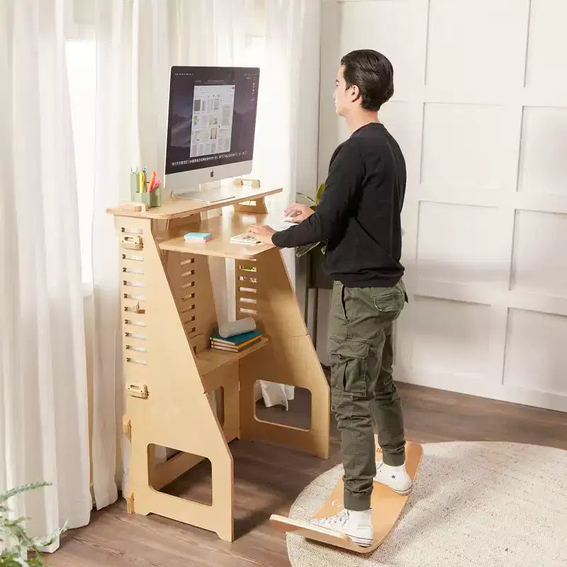 Maker's Puzzle Scrivania regolabile con seduta o in piedi, Arredamento per aula, Naturale