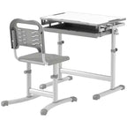 Set Scrivania e Sedie per Bambini, Scrivania da Studio per Scuola Regolabile in Altezza con Piano Inclinabile, Cassetto Portaoggetti, Portapenne, Gancio