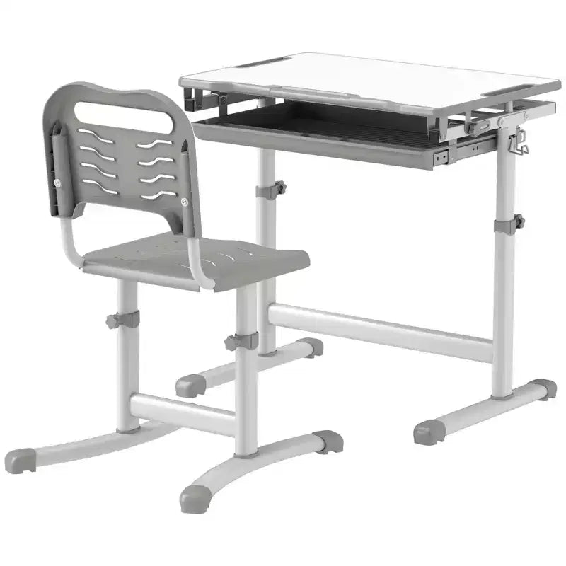 Set Scrivania e Sedie per Bambini, Scrivania da Studio per Scuola Regolabile in Altezza con Piano Inclinabile, Cassetto Portaoggetti, Portapenne, Gancio