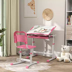 Set Scrivania e Sedie per Bambini, Scrivania da Studio per Scuola Regolabile in Altezza con Piano Inclinabile, Cassetto Portaoggetti, Portapenne, Gancio