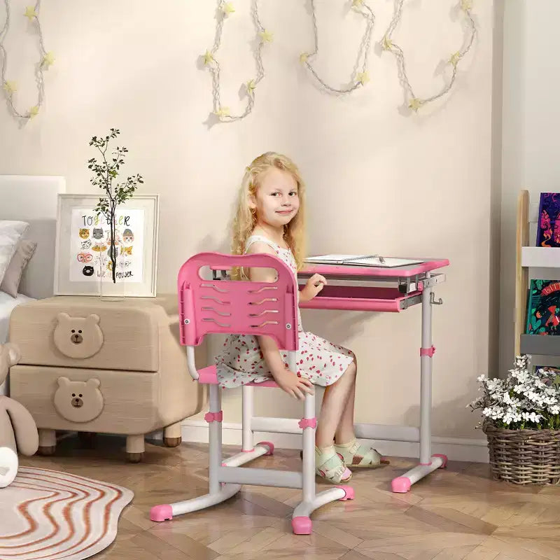Set Scrivania e Sedie per Bambini, Scrivania da Studio per Scuola Regolabile in Altezza con Piano Inclinabile, Cassetto Portaoggetti, Portapenne, Gancio