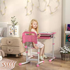 Set Scrivania e Sedie per Bambini, Scrivania da Studio per Scuola Regolabile in Altezza con Piano Inclinabile, Cassetto Portaoggetti, Portapenne, Gancio