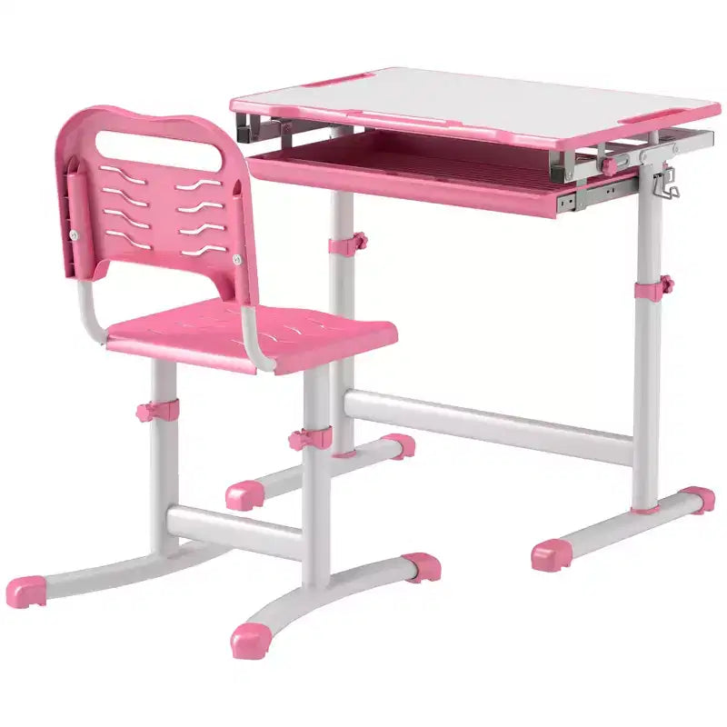 Set Scrivania e Sedie per Bambini, Scrivania da Studio per Scuola Regolabile in Altezza con Piano Inclinabile, Cassetto Portaoggetti, Portapenne, Gancio