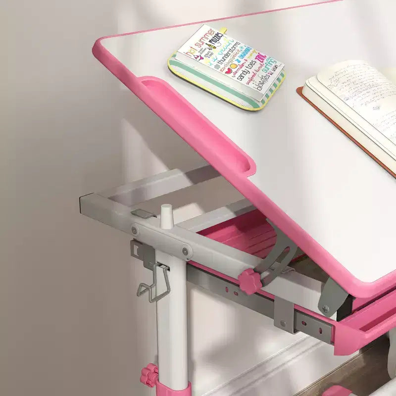Set Scrivania e Sedie per Bambini, Scrivania da Studio per Scuola Regolabile in Altezza con Piano Inclinabile, Cassetto Portaoggetti, Portapenne, Gancio