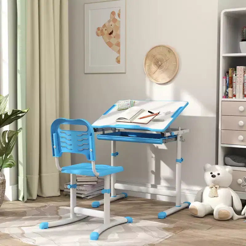 Set Scrivania e Sedie per Bambini, Scrivania da Studio per Scuola Regolabile in Altezza con Piano Inclinabile, Cassetto Portaoggetti, Portapenne, Gancio