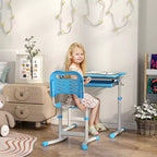 Set Scrivania e Sedie per Bambini, Scrivania da Studio per Scuola Regolabile in Altezza con Piano Inclinabile, Cassetto Portaoggetti, Portapenne, Gancio