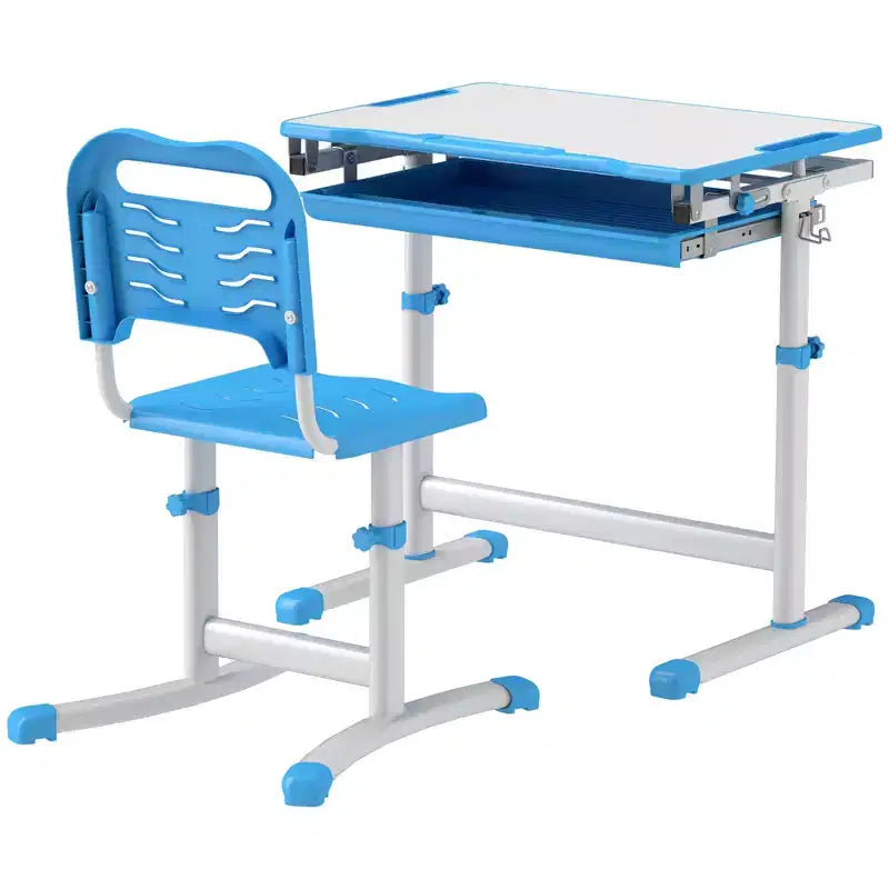 Set Scrivania e Sedie per Bambini, Scrivania da Studio per Scuola Regolabile in Altezza con Piano Inclinabile, Cassetto Portaoggetti, Portapenne, Gancio