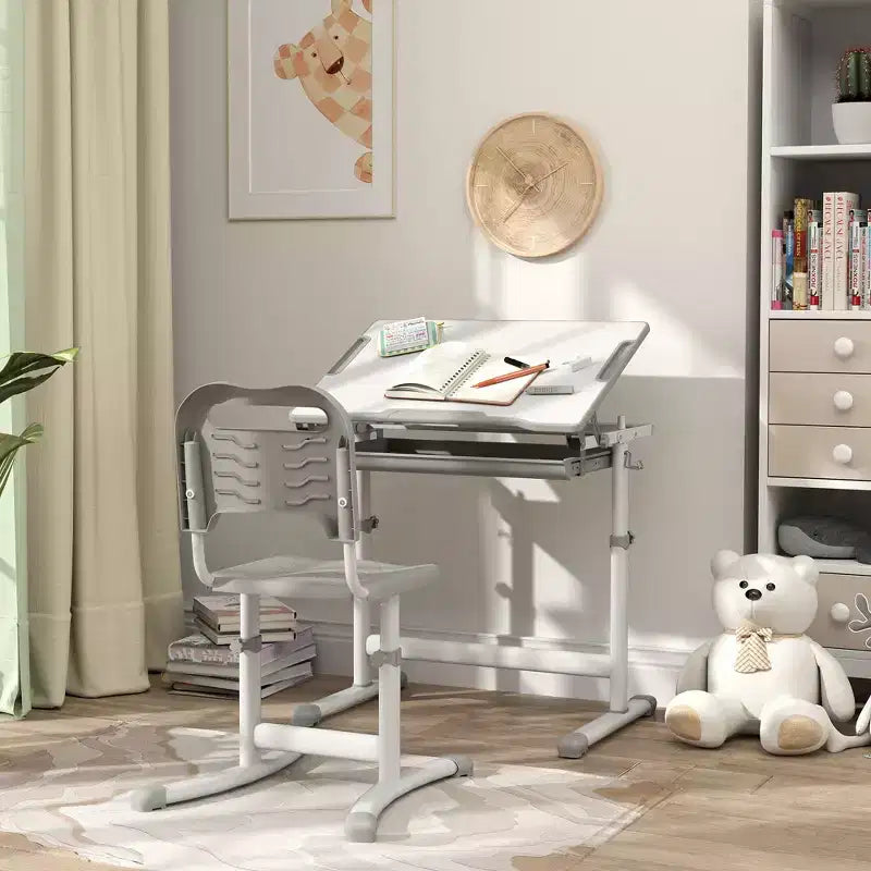 Set Scrivania e Sedie per Bambini, Scrivania da Studio per Scuola Regolabile in Altezza con Piano Inclinabile, Cassetto Portaoggetti, Portapenne, Gancio