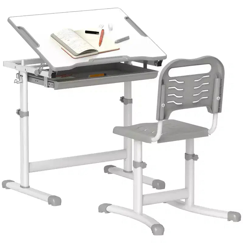 Set Scrivania e Sedie per Bambini, Scrivania da Studio per Scuola Regolabile in Altezza con Piano Inclinabile, Cassetto Portaoggetti, Portapenne, Gancio
