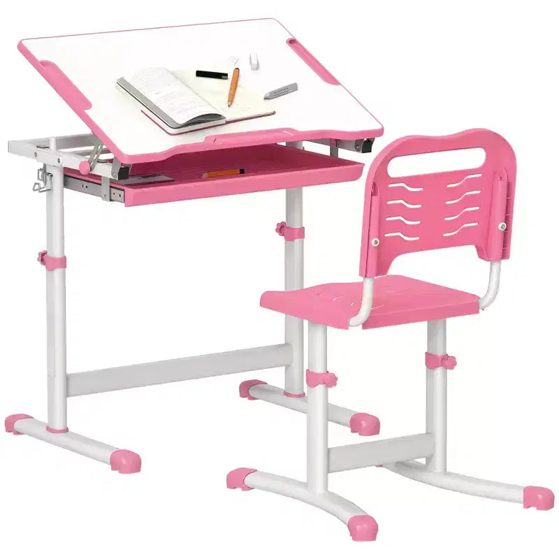 Set Scrivania e Sedie per Bambini, Scrivania da Studio per Scuola Regolabile in Altezza con Piano Inclinabile, Cassetto Portaoggetti, Portapenne, Gancio
